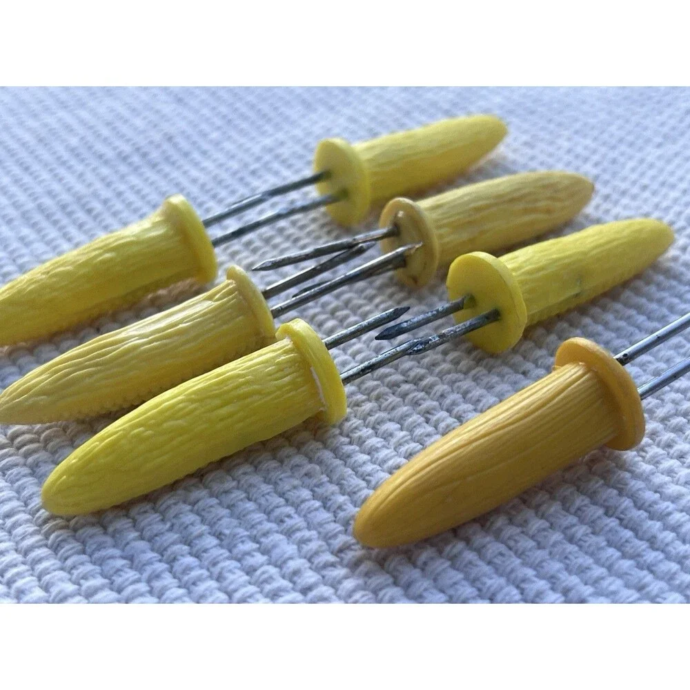Vintage Corn On The Cob Holders Set Of 7 Yellow Corn Handles BBQ Kitchen